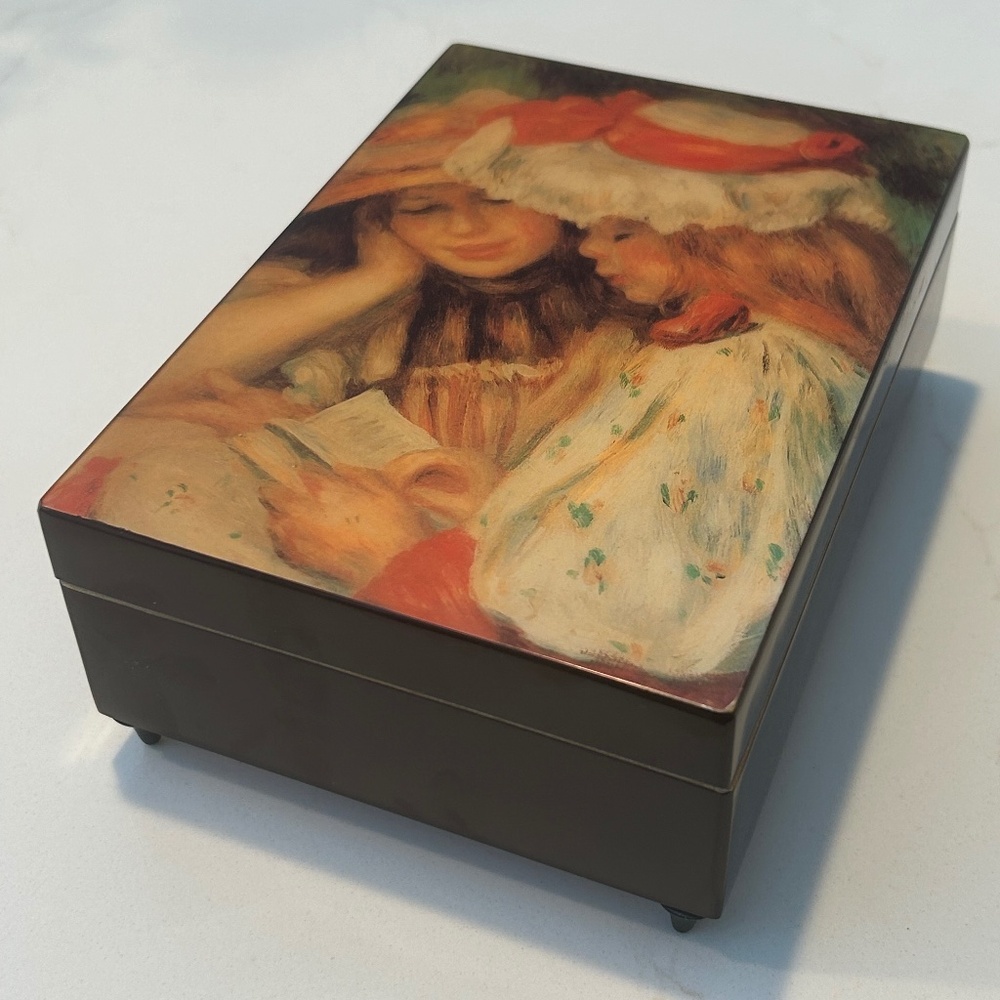 Vntg Wood Lacquer Music Jewelry Box Renoir "Two Sisters (On Terrace)" Reading